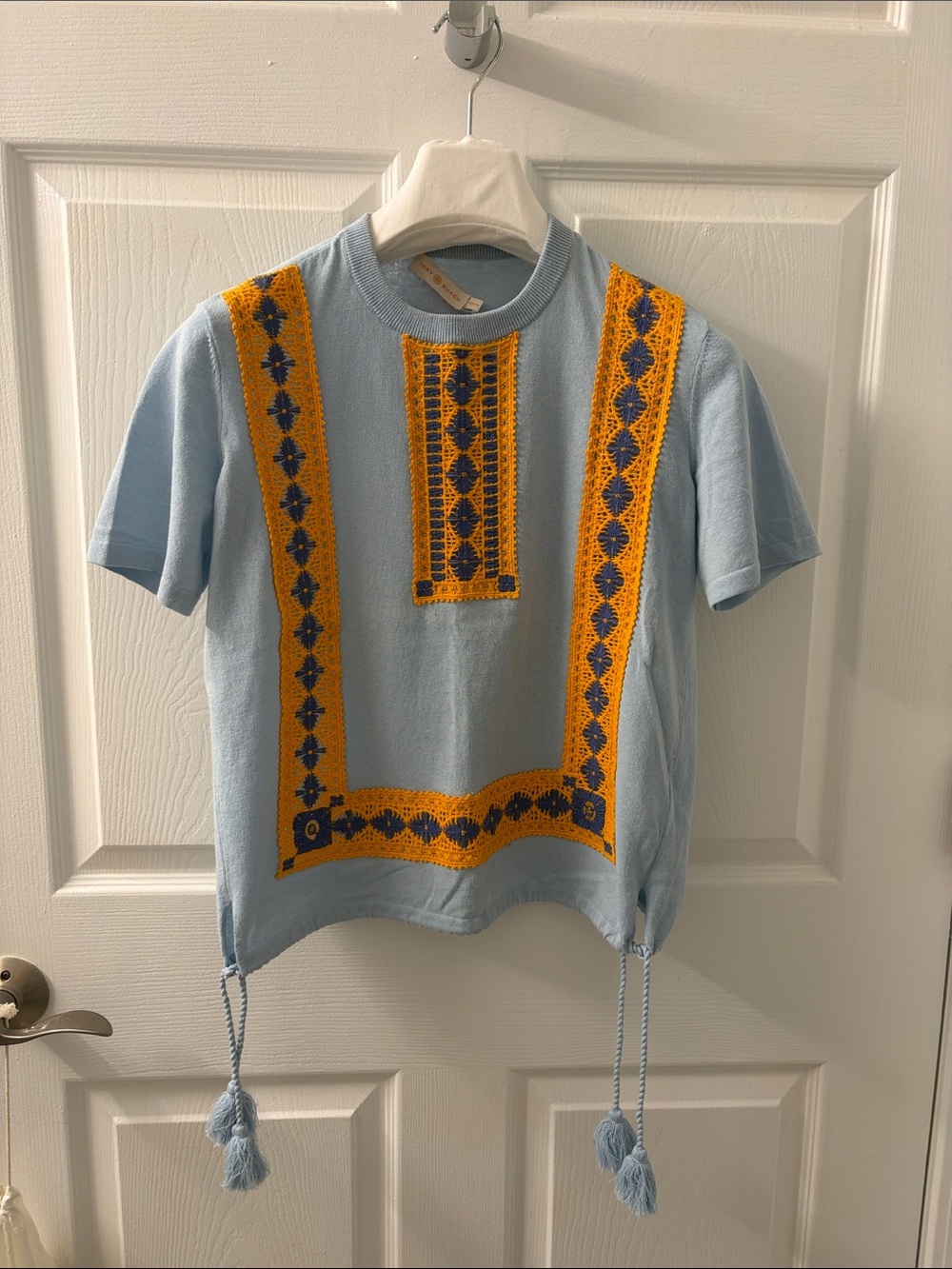 Tory Burch Light Blue Sweater top with Crochet Trim XS